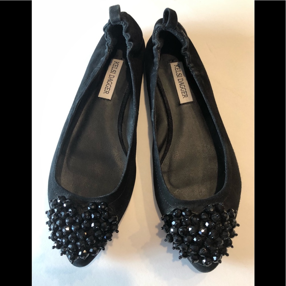KELSI DAGGER LUVVY Black Suede Flats Crystal Heart